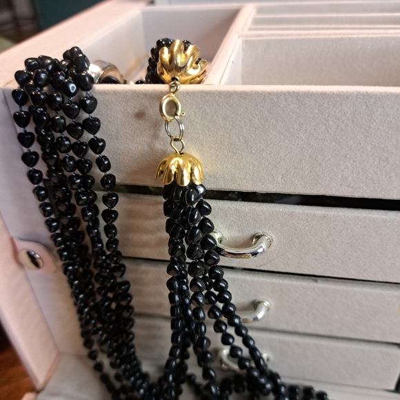 Vintage Black Acrylic Heart Beaded 6 Strand Necklace 30"L with Gold Tone - Picture 3 of 4